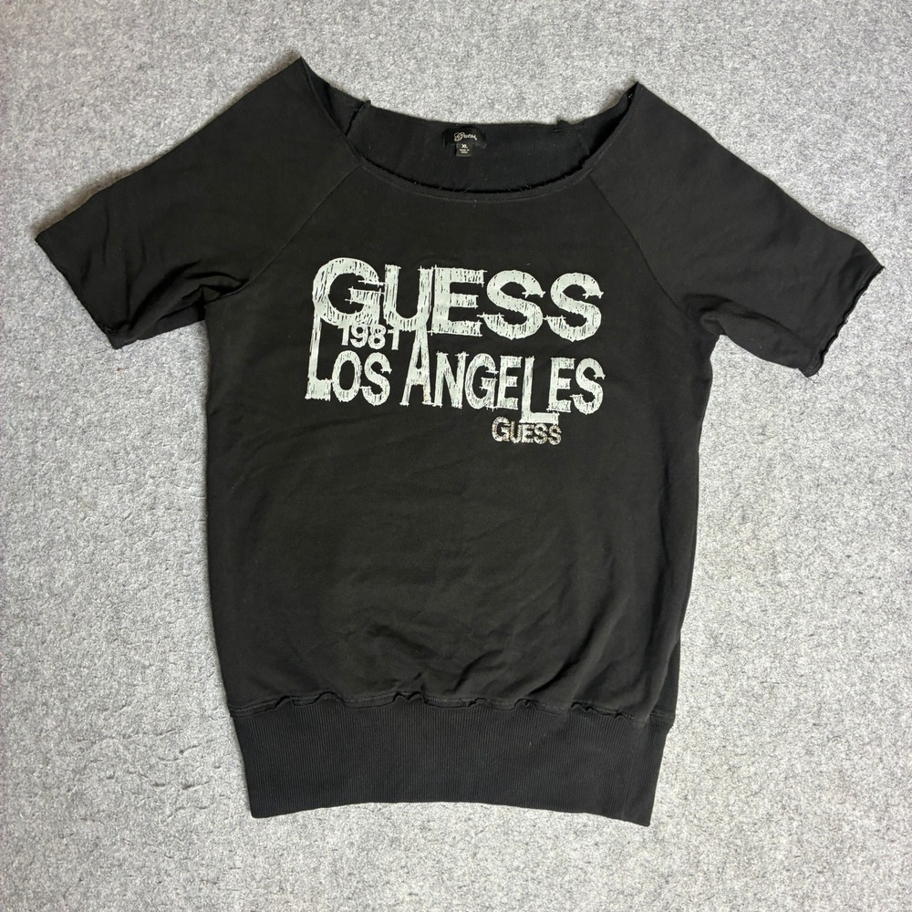 Guess Sweatshirt Top Womens XL Black Excellent Short Sleeve Rhinestone Logo Y2K